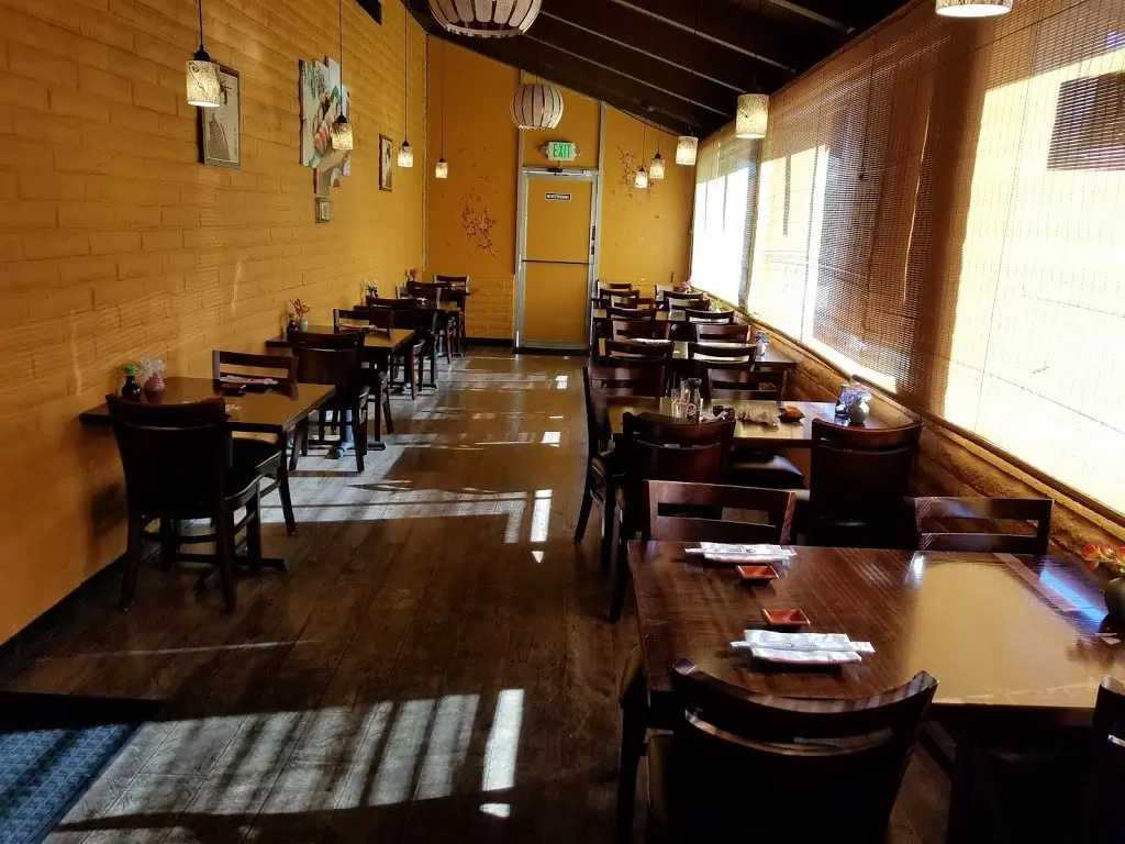 Interior of Japanese restaurant Sushi Koya with traditional decor in San Jose